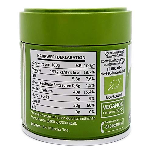 NaturaleBio Matcha-Tee-Pulver Ceremonial Grade Original Green Tea aus Japan. Grüntee-Pulver Matcha Zeremonie-Qualität, hergestellt in Uji, Kyoto. Ideal zum Trinken, Kochen und in der Latte. 30g Dose.