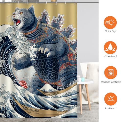 Image of Aimego Funny Cat Shower Curtain Japanese Nautical Anime Ocean Sea Wave Cool Unique Asian Whimsical Humorous Bathroom Decor Bathtub Curtain Fabric Shower Curtain Set with 12 Hooks, 72 inchx72 inch