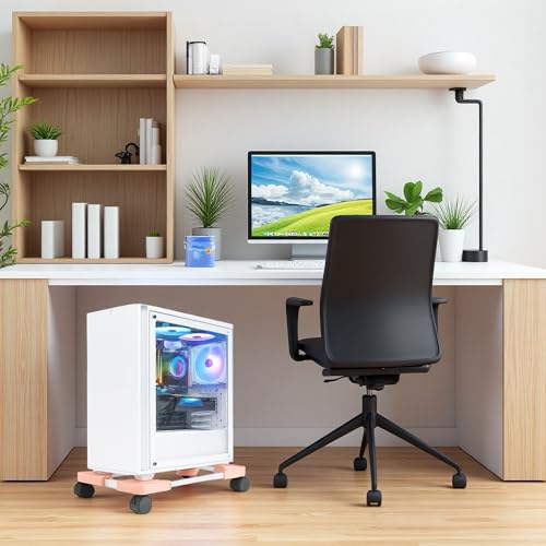 BOTEWO Soporte móvil de aluminio para PC: soporte para torre de CPU para ordenador, con ruedas, universal, ajustable, color rosa - imagen 3