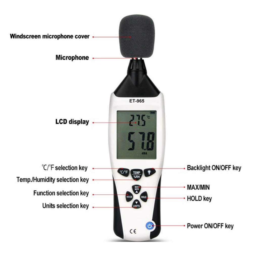 5in1 Medidor ambiental Temperatura Humedad Velocidad del viento Nivel de sonido Medidor Illuminómetro para el diseño profesional Material de ABS de diseño de bolsillo para el