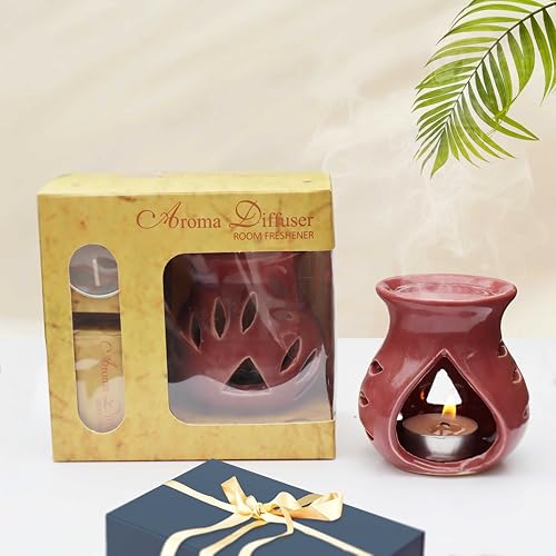 Image of Pure Source India Ceramic Aroma Oil Diffuser Gift Set with 10ML Relaxing Oil & Tealight Candles | 97 Burner for Home Fragrance & Relaxation | Ideal for Gifting & Home Decor (Purple)