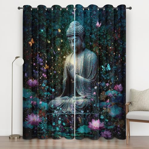 Rideaux Occultant Statue de Bouddha, Rideau Salon Chambre Lotus Zen, Rideaux Thermique Isolants...