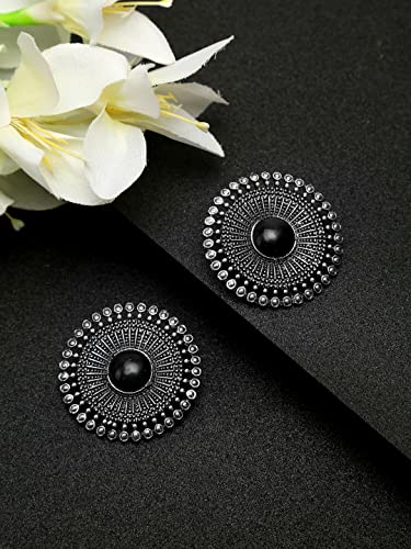 Oxidised Silver Round Stud Earrings for Women (Style 2)
