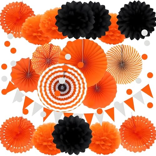 Image of XIKSXITN 12 pc Orange Black Tissue Paper Pom poms-Hanging Paper Pom Poms Paper Flowers Ball for Halloween Party Decorations(10&12 inch)