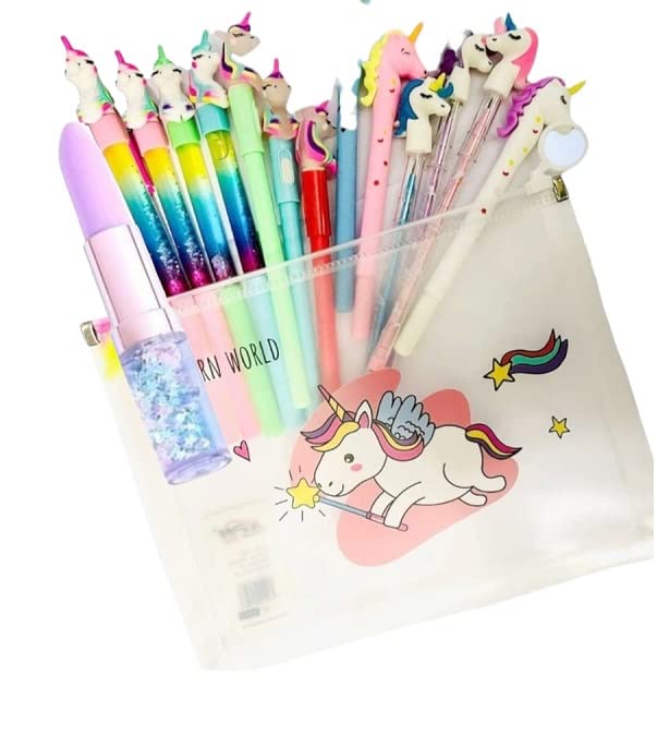 Combo of unicorn Stationery Set Pens and Pencils Combo of 10 Stationery Kit with Unicorn Transparent Big Pouch Stationery Combo for Kids Best Gift