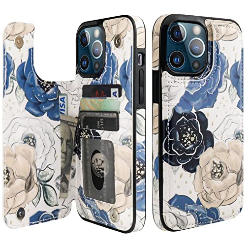 Image of HAOPINSH for iPhone 13 Pro Max Wallet Case with Card Holder, Blooming Floral Flower Pattern Back Flip Leather Case Kickstand Card Slots for Women Girls, Double Magnetic Clasp Shockproof Cover 6.7 inch