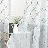 Top Finel White Sheer Curtains 84 Inches Long Teal Embroidered Diamond Grommet Window Curtains for Living Room Bedroom, 2 Panels