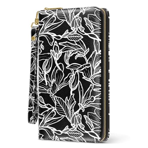 Image of Nipichsha Womens Wallet, RFID Wristlet Wallet for Women, Cute Ladies Purse, Large Credit Card Clutch Purse, Leather Card Holder Wallets with Zipper & Phone Holder, Black White Leaf