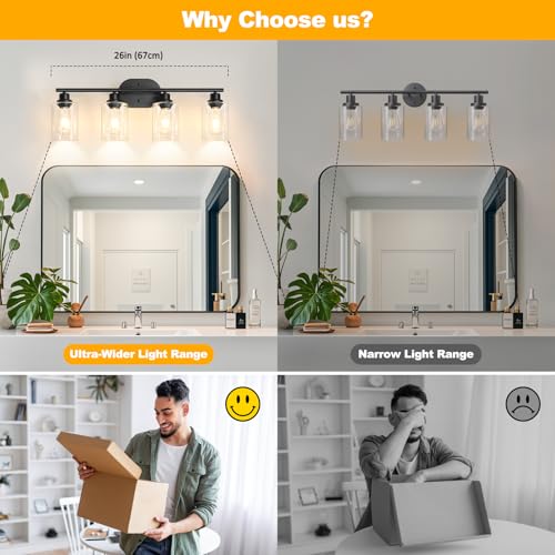 Image of Unicozin Bathroom Light Fixtures, 4 Light Vanity Lights for Bathroom, Black Wall Lamp with Clear Glass for Mirror, Living Room, Hallway, Cabinet, E26 Base