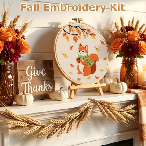 Image of Louise Maelys Autumn Squirrel Embroidery Kit for Beginners Adults | Cross Stitch Kit for Adults,Stamped Pattern, Complete Easy Needlepoint Kit, Easy Craft Thankgiving Gift And Room Decor