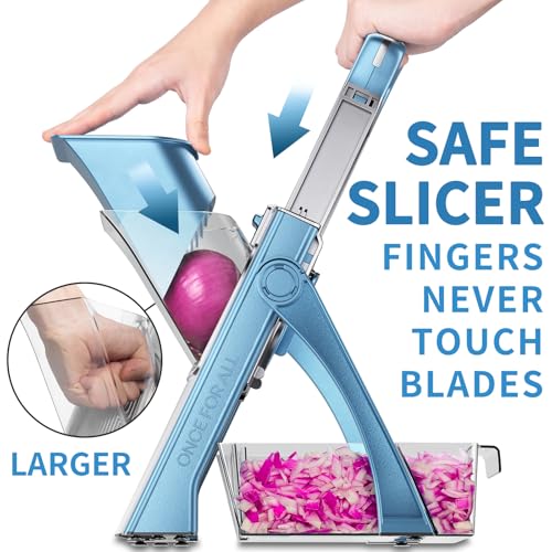 ONCE FOR ALL Upgrade Safe Mandoline Slicer Plus, Biger Size, Adjustable Vegetable Food Chopper Potato Fries Cutter, Detachable Blade, Kitchen Chopping Artifact, Gift (SkyBlue)