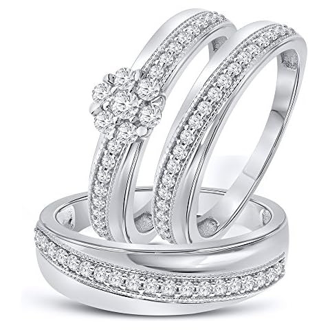 Elmas 3/4ct Round White CZ Cubic Zirconia Diamond 925 Sterling Silver Trio Wedding Engagement Bridal Ring for Him and Her Cover