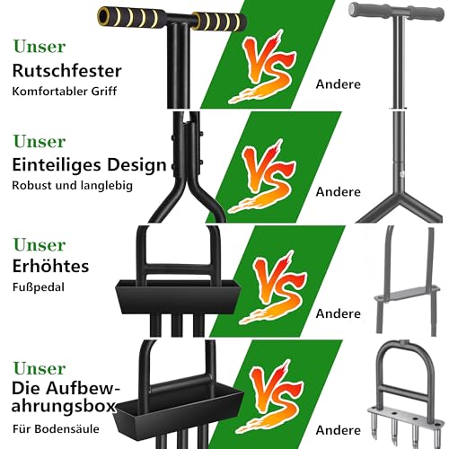Charmofun Aerifizierer für Rasen, Rasenlüfter mit Ablageschale und Handschuhe, T-Griff Rasenbelüfter Vertikutierer mit Gartengeräten, Manuelle Rasenbelüfter für Verdichtete Böden Rasenpflege