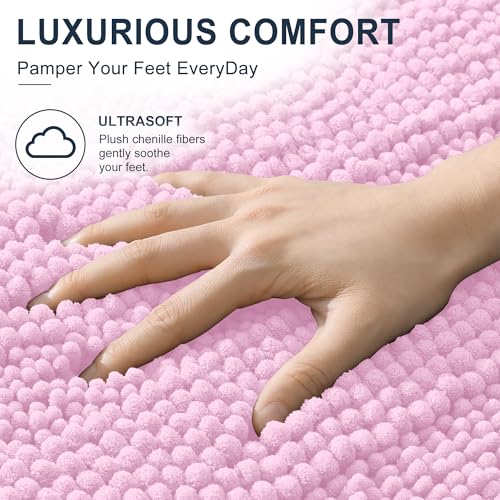 Image of Smiry Thick Chenille Bathroom Rugs 30x20, Extra Soft Absorbent Striped Bath Mat, Machine Washable, Rubber Backing, Bath Rugs for Bathroom, Tub & Shower, Modern Home Decor Accessories, Pink