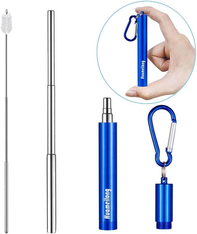 [Updated] Portable Collapsible Reusable Straws - Telescopic Stainless Steel Metal Travel Straw Drinking with Case, Cleaning Brush and Keychain, by Huameilong, Blue