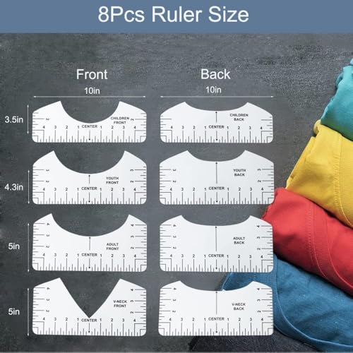 Image of T-Shirt Ruler Guide Set for Vinyl Alignment, 8 Pieces | PVC Templates with Black Scale Markings for Round and V-neck Placement; for Heat Press, Garment Printing and Vinyl Projects.