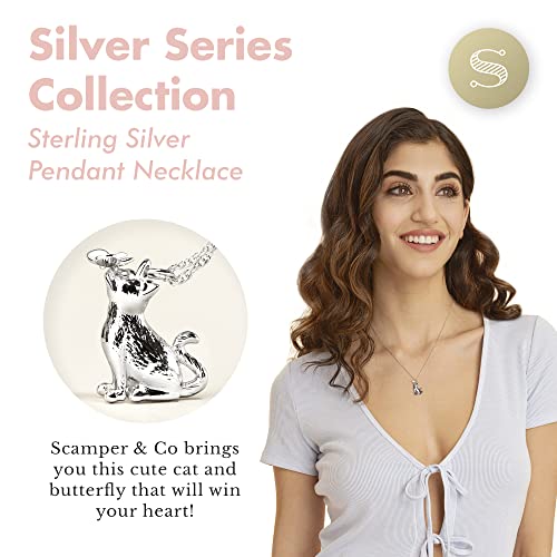 Scamper & Co Cat And Butterfly Pendant Necklace For Women And Girls - Rhodium Plated Sterling Silver Necklace With Cat And Butterfly Pendant And 18 Inch Chain #TOP1