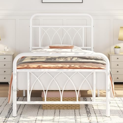 Yaheetech 90 x 190cm Marco de Cama Individual Estructura de Cama Metálico con Amplio Espacio Bajo Estilo Industrial Romántico Base para Colchón Marco Hierro Blanco