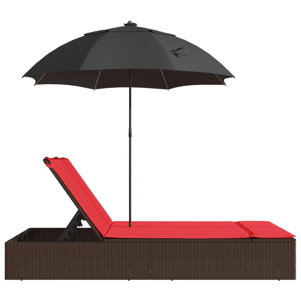Chaise Longue Double en Résine Tressée Marron avec Parasol Rouge et Coussins Lavables - Lit de Jardin 2 Places avec Dossier Réglable pour Terrasse et Piscine - 200 x 164 x 176 cm