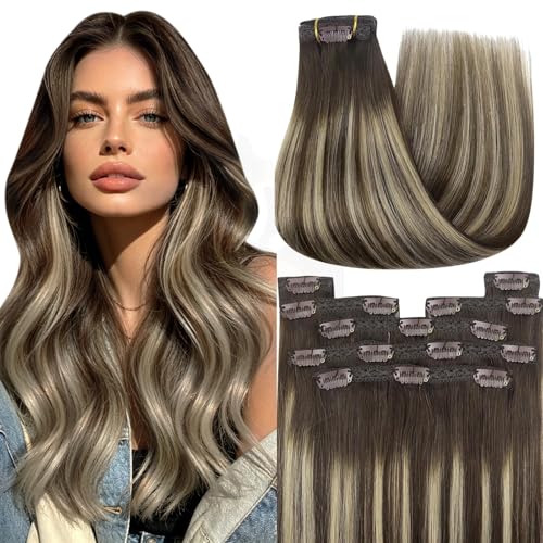Image of YoungSee 150G Human Hair Clip in Extensions Brown Balayage Clip ins Hair Extensions Dark Brown with Ash Blonde Balayage Clip on Hair Extension Human Hair for Women Full Head 20inch 7pcs