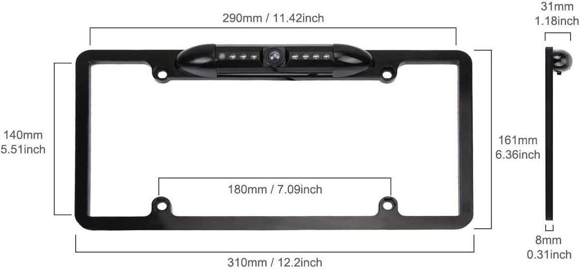Car License Plate Camera, 170° Viewing Angle, Night Vision, IP67 Waterproof, Universal Mount, High Sensitivity CMOS Sensor, 520 TV Lines, RCA Connector