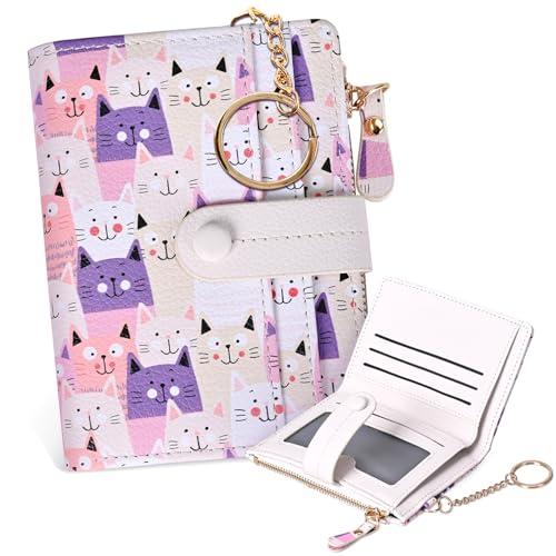 Image of COSHAYSOO Aesthetic Wallet for Ladies Teen Girls - Womens RFID Blocking Purse with Card Slots ID Window Zipper Coin Pocket - Waterproof PU Leather Small Cute Keychain Wallet - Pink Cat