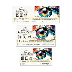 Zen Sangam Artists - Combo Pack of (A3-6 Sheets, A4-12 Sheets, A5-24 Sheets) Acrylic Papers - 300 GSM - Cold Pressed,Canvas Texture Surface - for Acrylics,Tempera,Poster Paints,Oil Paints and Ink