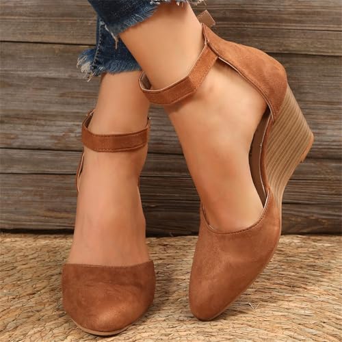 Closed Toe Wedges for Women,Wedges Heels for Women Closed Toe,Ankle Strap Heeled Espadrilles Sandals Comfortable,Ladies Comfortable Cork Summer Dress Shoes for Beach Wedding3