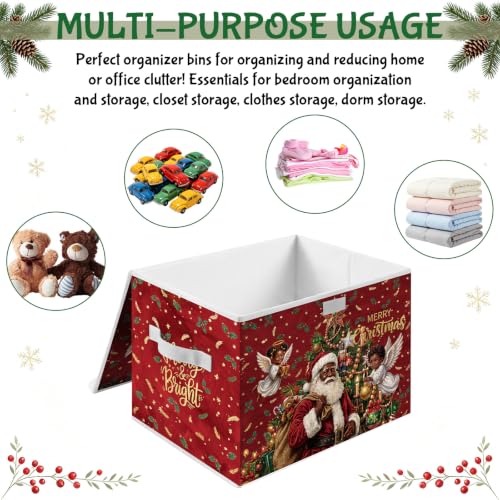 Image of Briwooody Black Christmas Santa Claus Storage Bin with Lid and Carrying Handle African American Christmas Storage Box Large Xmas Decorative Collapsible Container Basket for Organizing Closet Home Gift