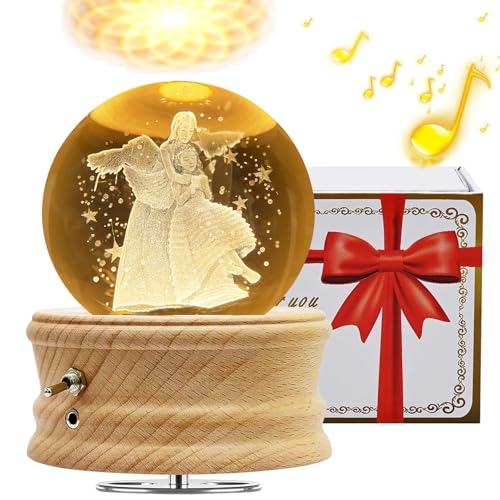 Caja de Música con Bola de Cristal 3D, Caja de Música Giratoria 360° Luminosa con Proyección de luz y Base de Madera para Niños, Esposas, Madres, Regalo Decorativo Creativo(Ángel Madre e Hija)