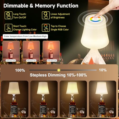 Image of 2Pack Wireless Wine Bottle Lamp Dimmable Rechargeable 3 Color&RGB LED Bottle Lights for Liquor & Wine Bottles Touch Control Battery Operated LED Lamp ABS Cordless Lampshade (2, Wine Bottle RGB)