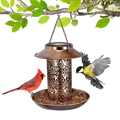 Vintage Panorama Top Fill Metal Bird Feeders, Spill Proof, Solar Hanging Wild Bird Feeder All Weather, Easy to Clean and Fill, Bird Feeders for Outside Clearance, Solar Yard Garden Decor