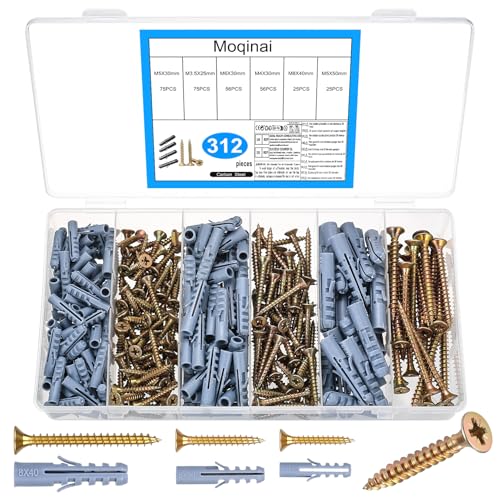 Moqinai 312 Stück Dübel Schrauben Set Gipskarton Schrauben Dübel Set Selbstbohrende Holzschrauben Dübelset Wanddübel und Schraubenset Betonschrauben Gipskartondübel für Beton Ziegel Trockenbau