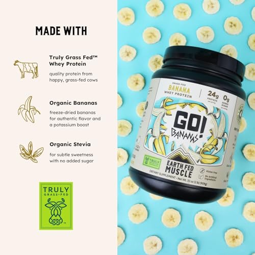 Image of Earth Fed Muscle Go! Bananas Irish Grass‑Fed Whey Protein Isolate - All Natural Banana Flavor, Zero Added Sugar, Soy‑Free, Gluten‑Free (2lb, 27 Servings, Banana)