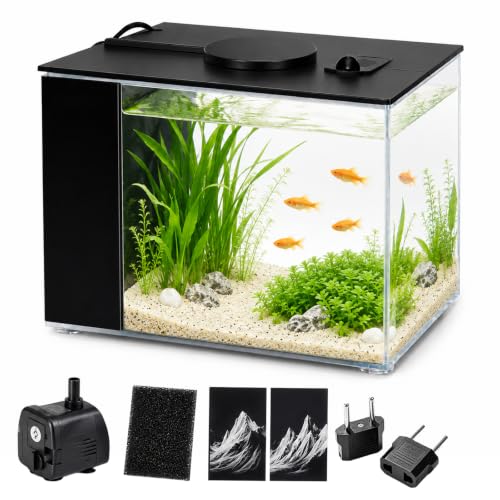 Nano Aquarium Komplettset 3,7l, Aquarium Set Komplett, Intelligentes Aquarium Klein, Mit Verstellbare Wasserpumpe, Filterschwamm, USB-Stecker, Für Kleine Fische, Garnelen Und Pflanzen (Schwarz)