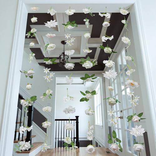 Image of Suncalla 12 Pcs 70.8 ft Wildflower Garland Pre Strung Artificial Hanging Flower Vine Backdrop Decor from Ceiling Floating Silk Floral Garland for Garden Wedding Bridal Shower(Boho,White)
