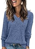 Heymiss Womens Fall Fashion 2024 V Neck Sweatshirt Long Sleeve Shirts For Women Blue S
