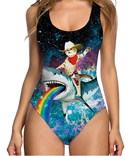 TUONROAD Women's 3D Printed Funny One Piece Swimsuit Galaxy Space Nebular Pussycat High