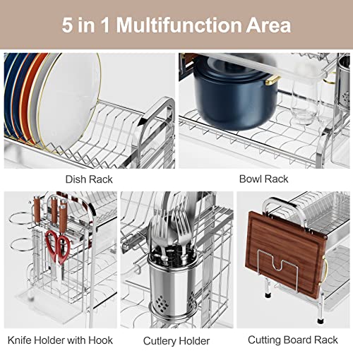 image for Dish Drying Rack, iSPECLE 304 Stainless Steel 2-Tier Dish Rack with Ut