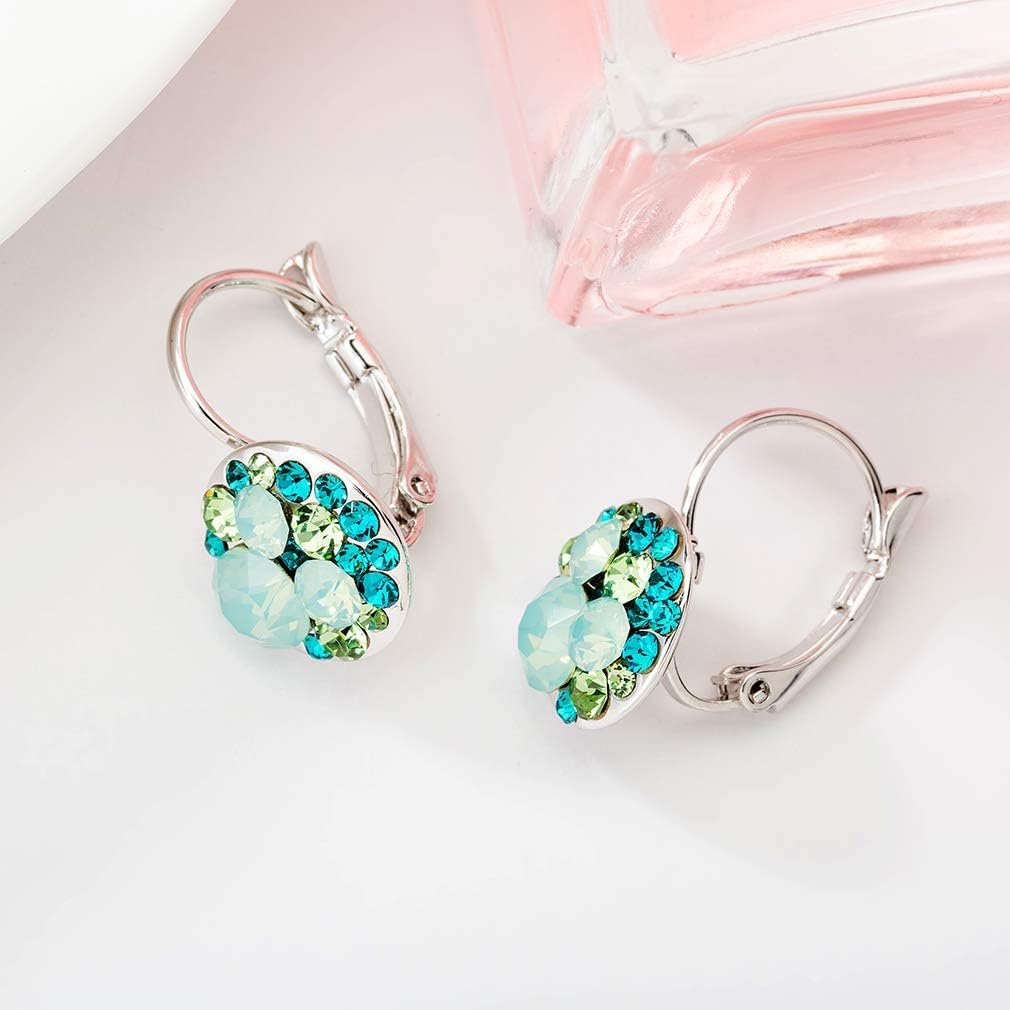 Multicolored Austrian Crystal Leverback Earrings for Women 14K Gold Plated Dangle Hoop Earrings Hypoallergenic Jewelry - Image 7