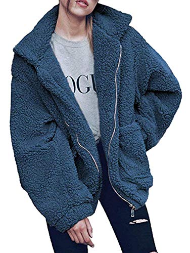 Women's Coat Casual Lapel Fleece Fuzzy Faux Shearling Zipper Coats Warm Winter Oversized Outwear Jackets (Medium, Blue)