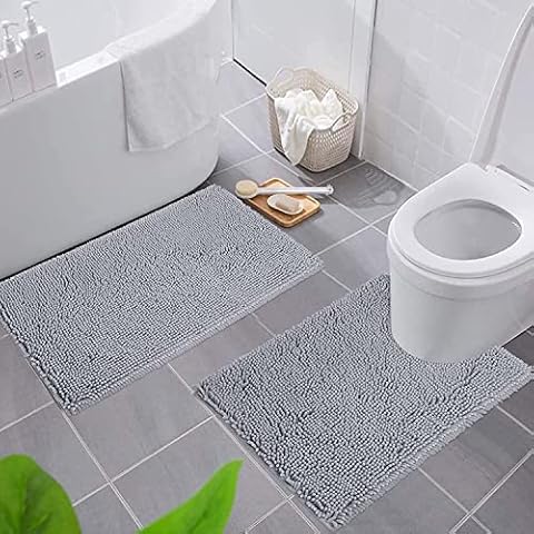 Smiry Bathroom Rugs and Mats Set, 2 Piece Chenille Bath Mat and U-Shaped Toilet Rug Set, Non Slip Absorbent Shaggy Bath Rug for Tub, Shower and Bath Room (20" x 32"+20" x 24", Light Grey) Cover