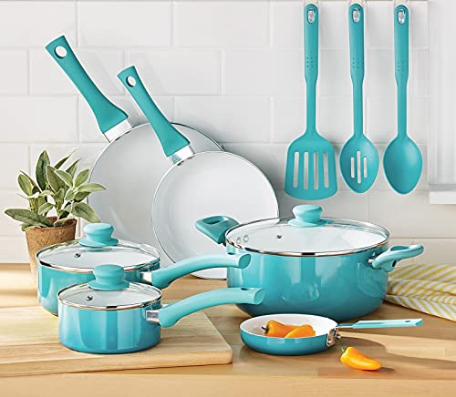 Ceramic Nonstick 12 Piece Cookware Set,Teal Ombre Pots and pans set Kitchen cookware sets Cast iron pan Cookware sets Pots and pans Nonstick pan Cast iron skillets,Blue,4378695