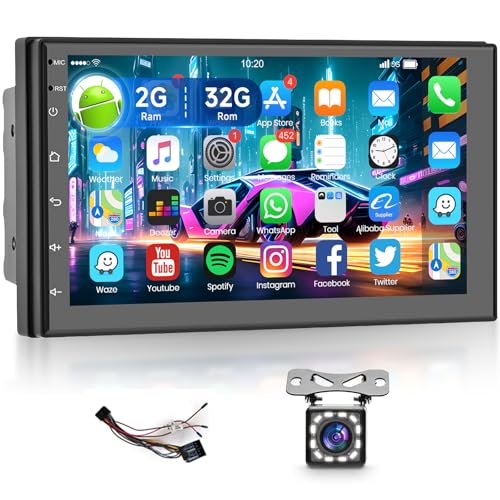 Autoradio Android 7 Pulgadas 2G+32G Dual Din Autoradio Pantalla Táctil Radio Coche 2 Din con Navegación GPS, WiFi, Bluetooth, Teléfono Enlace Espejo, Radio FM RDS, Cámara Retroceso Soporte SWC USB