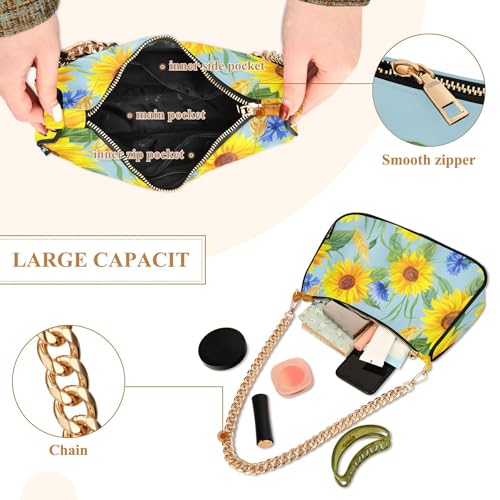 Bright Sunflowers Blue Floral Tote Handbag Womens Lady One Shoulder Bag Hobo Purse Clutch Zipper Closure Chain Strap4