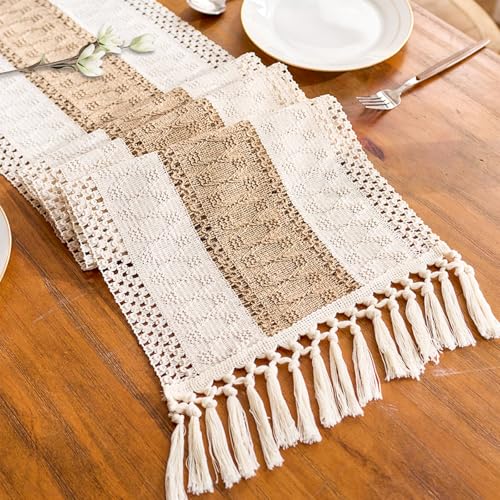 Vanzard Boho Table Runner for Home Decor with Tassels 48 Inches Long ,Beige & Brown Farmhouse Rustic Table Runners for Bohemian Kitchen Dining Table (12x48in)