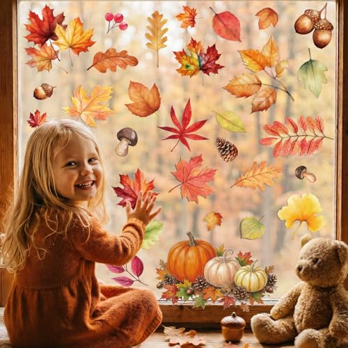 Image of Fall Window Clings Decor Pumpkin Maple Leaf Autumn Thanksgiving Decorations | 9 Sheets Window Stickers for Glass Windows, Fall Harvest Decals for Home Office School Classroom, Holiday Party Supplies
