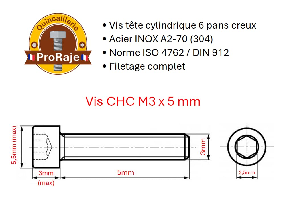 Screws Stainless Steel M3 x 5 mm Cylinder Head BTR Diameter 3 x 5 mm, A2 stainless steel, M3 x 5mm - Image 3