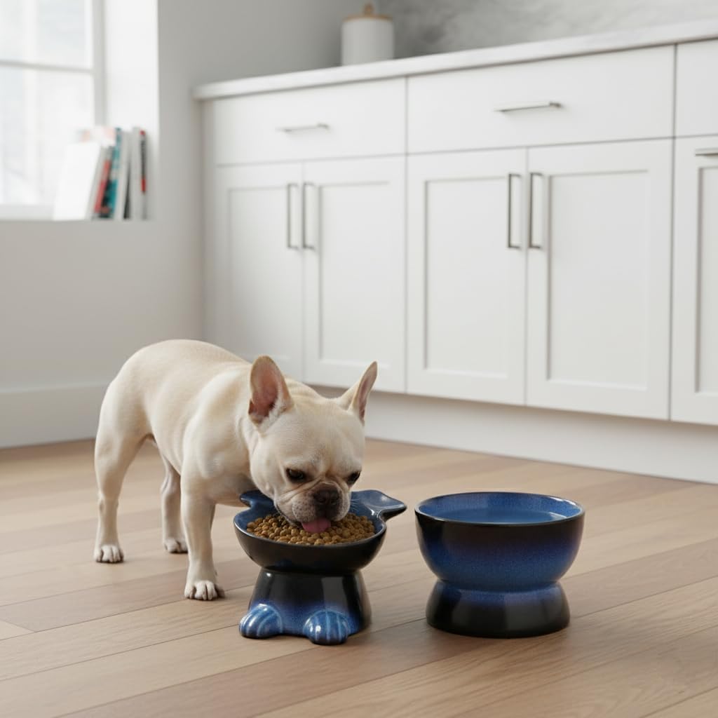 Nihow Dog Food & Water Bowl Set: Elevated Ceramic Dog Bowls for Medium/Small Size- Food Safe Raised Puppy Bowls - Vivid Blue Pet Bowl for Protecting Pet's Spine (Set of 2)