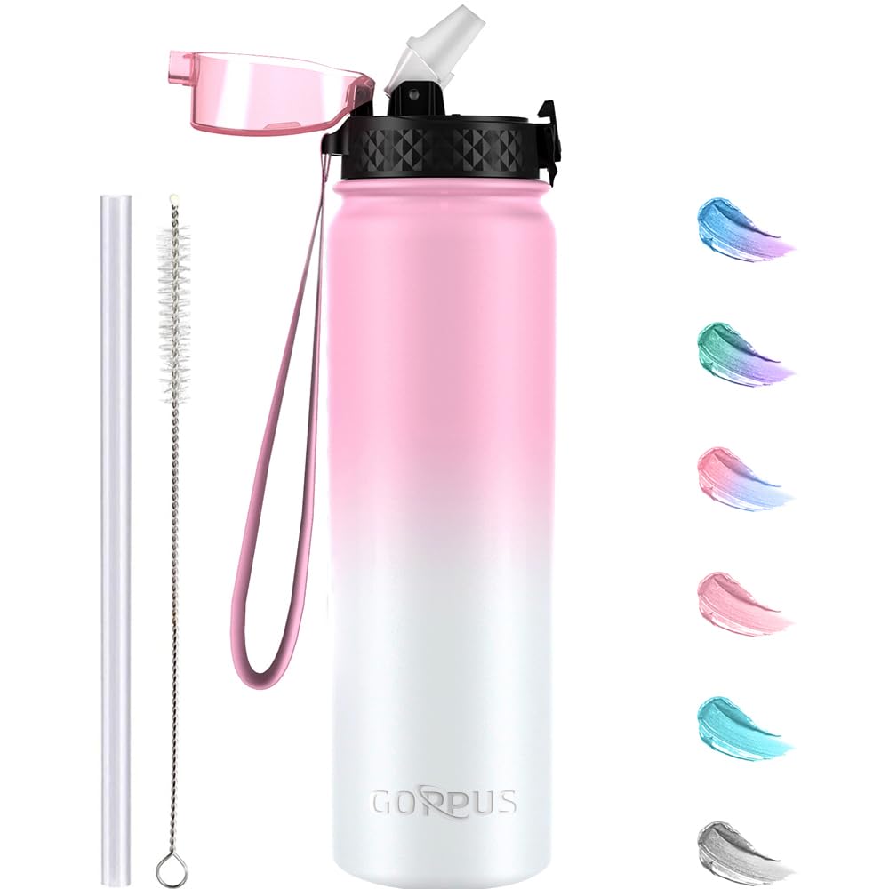 GOPPUS 1L/32oz Stainless Water Bottle with Straw Double Wall Insulated Bottles with Strap Reusable Vacuum Thermal Flask Leakproof Keep Cold Drinks Bottles with Flip Top Lid for Gym Men Women BPA Free